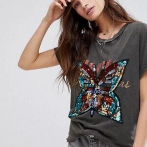 Free People Women's Valentine Sequin Butterfly Boxy Distress Top Sz S